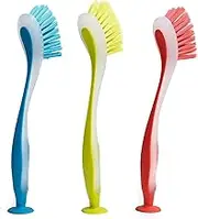 Dish Scrubber Brushes Assorted Colors Dishwashing Brush with Soft Long Handle Scrubbing Brushes with Suction Cup Multiple Use Cleaning Scrub Brush,Set of 3- Red,Green,Blue
