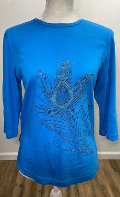 Rochelle NWT Blue Bling Peacock Feather Top Women’s Size Small 3/4 Sleeves Shirt