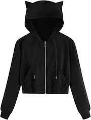 [Generic] Women's Cropped Zip up Hoodie Cute Cat Ears Long Sleeves with Drawstring Sweatshirts Fall Solid Hooded Crop Tops