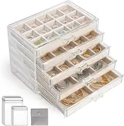 LIAN Acrylic Jewelry Organizer with 3 or 5 Drawers Clear Acrylic Velvet Earring Necklace Ring Jewelry Display Holder Stackable Large Jewelry Case for Women Girls(5 Dawers-Beige-C)
