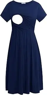 [Smallshow] Women's Short Sleeve Patchwork Nursing Dresses for Breastfeeding, Navy, Small