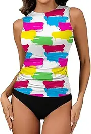 [Shyyween] Women Tankini Top High Collar Swimwear Body Control Bathing Suit Slim fit Modest Swim Tank Top