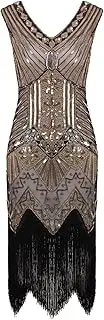 [Vijiv] Women 1920s Gastby Sequin Art Nouveau Embellished Fringed Flapper Dress