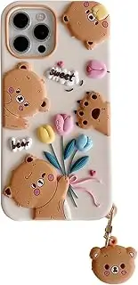 YAKVOOK for iPhone 11 Pro Max Bear Phone Case, Kawaii Phone Cases 3D Silicone Cartoon Tulip Flower Cute Case with Bear Keychain Soft Rubber Shockproof Protector for Women Girls White