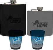 The Memory Company | Licensed NFL 2 Leather Flasks with Funnels and Ombre Shot Glasses (2) Set,Detroit Lions
