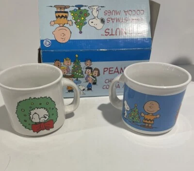 2 PEANUTS 14oz. CHRISTMAS Cocoa Mugs CERAMIC Cups Charlie Brown Snoopy