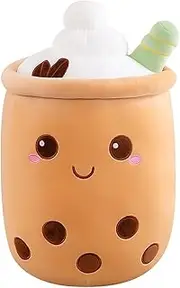 9.5inch Boba Plush Pearl Milk Tea Cup Plushie Pillow Cute Cartoon Bubble Stuffed Toy with Suction Tubes for Girls Kids (Brown)