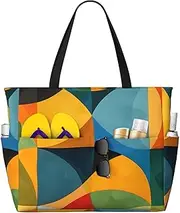 [CSIVKEJ] Beach Bags For Women, Tote Bags With Zipper, Swim Pool Bag For Travel Vacation, Geometric 10, One Size