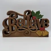 Believe Christmas Decor Carved Acacia Wood Sign Table Top Holiday Thailand NEW