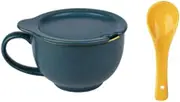 Soup Bowl with Handle Japanese-Style, Two-Color 480ML Soup Bowls Mug Cup with Lid and Spoon in China Porcelain Ceramic Microwaveable Microwave Safe for Breakfast Milk-Blue A