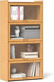 [Giantex] 4-Tier Bookcase with Doors, 140 cm Bamboo Bookshelf with See-Through Acrylic Doors, Freestanding Cube Organizer Display Cabinet for Study Room, Living Room, Bedroom (Natural)