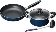Wahei Freiz MB-2379 Easy Care Cookware Set D Two-Handled Pot, 7.1 inches (18 cm) & Frying Pan, 9.4 inches (24 cm), Blue, Fluorine Resin Treatment, Induction and Gas Compatible