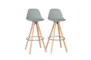 2 PU Leather Padded Barstools (Light Grey/Wood) with Metal Footrest