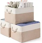 3 Pack Cotton Rope Storage Basket,Cotton Rope Woven Basket Collapsible Organizer With Handles Storage Cube Box for Storage,for Organizing, Classroom Kids Toy Bins, Closet, Baby Nursery Baskets (khaki)