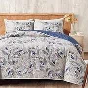 Joyreap 3 Pieces Microfiber Quilt Set, Botanical Blue Leaves on Light Gray Reversible Design, Bedspread Bed Cover for All Season, 1 Quilt and 2 Pillow Shams (King, 102x90 inches)