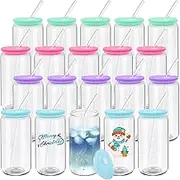 20 Pack Drinking Glass Cups with Acrylic Lids and Glass Straw Beer Can Shaped Drinking Glasses Cups, Glass Tumbler Reusable Cute Cups for Whiskey, Iced Coffee, Tea, Soda, Cocktail, Gift, Clear 16oz