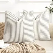 Farmhouse Pillow Covers 18x18, Modern Accent Square Throw Pillow Covers Set of 2, Gray and Beige Striped Patchwork Linen Decorative Pillows Cushion Covers for Couch Chair Bedroom Fall Decorations