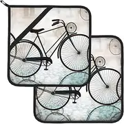 2 Pack Pot Holders for Kitchen Heat Resistant Potholders Retro Bicycle Pot Holders Set Washable Hot Pads with Loop Non Slip Potholders for Cooking Baking BBQ Microwave 8 x 8 Inch