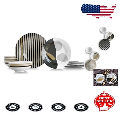 Durable 12-Piece Striped Melamine Dinnerware Set - Ideal for Indoor/Outdoor Use
