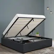 Artiss Double Bed Frame Platform Gas Lift Base Beds with Storage Bedroom Room Decor Home Furniture, Upholstered with Charcoal Faux Linen Fabric + Foam + Wood, Modern Design