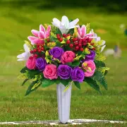 2 Sets of Lifelike Artificial Cemetery Flowers, UV Resistant Silk Roses, 21" Tal