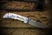 Spartan Blades SHF 3.25 Chad Nichols Damascus Titanium Folding Knife Blue