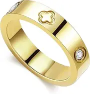 [AICLESTR] 18K Gold Plated Wedding Rings for Women, Cubic Zirconia Clover Promise Ring, Stainless Steel Band Size 5-12, Elegant Jewelry Gifts