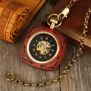 Antique Square Case Wooden Hand Winding Mechanical Pocket Watch Pendant Chain