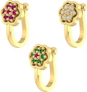 [VAMA] Women's Pressing Nose Pin Stud Non Piercing Clip On Gold Nose Ring Without Piercing (3 Pcs Combo Nose Pins)