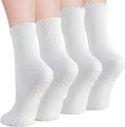 [Utensilsto] 4 Pairs of Yoga Socks Non-Slip Socks Women, 36-39 Stopper Socks Pilates Socks with Handles, Long Grip Socks for Women and Girls Home Rehabilitation Dance Workout, White, 36-39