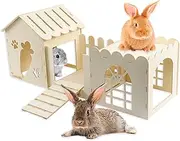 Large Rabbit Wooden Hideout House, Multi-Chamber Small Animal Wooden Castle Cage, Bunny Playhouse Habitat Decor Tunnel for Dwarf Rabbit Guinea Pig Chinchilla Hedgehog Squirrel
