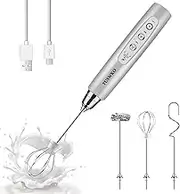 YUSWKO Rechargeable Milk Frother Handheld with 3 Heads, Silver Coffee Electric Whisk Drink Foam Mixer, Mini Hand Stirrer with 3 Speeds Adjustable for Latte, Cappuccino, Hot Chocolate, Egg