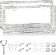 LevChall 2 Packs Bling License Plate Frames, Bedazzled Sparkly Cute Water Diamond Stainless Steel，Car Accessories with Diamond Sparkle Glitter Caps，Suitable for Both Men and Women(White)