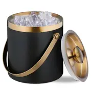 Ice Bucket, Stainless Steel, Double-Walled, Ice Bucket with Lid & Handle, 2 L, Ice Cube Bucket Black Gold