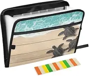 Quteprint 13 Pockets Expanding File Folder with Zipper Closure, Wooden Sea Turtle Accordion File Folder with Sticky Labels, Letter Size A4 Papers Expandable File Document Organizer
