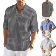 Vintage Grandad Collar Striped Tee Shirt Men's Retro Causal Loose Tops