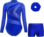 [FEESHOW] Kids Girls Sparkly Long Sleeve Gymnastics Leotard Bodysuit with Tumbling Dance Shorts Hair Band Set