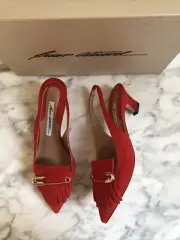 NIB! Brian Atwood Red Suede Pointed Toe Slingback Heel Fringe Pin 5.5 EU 35.5
