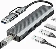 Vecbmn USB C Ethernet Adapter, USB 3.0 Hub with 3 USB 3.0 Ports, USB C Ethernet, Gigabit LAN, Compatible with Laptops, Desktops, Windows, macOS, Linux, Vista