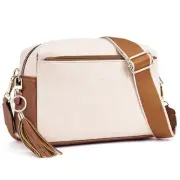 Triple Zip Small Crossbody Bag for women,Wide Strap Cell Phone C-beige/Brown