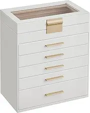 SONGMICS Jewelry Box with Glass Lid, 6-Layer Jewelry Organizer, 5 Drawers, for Sunglasses, Big Jewelry, Jewelry Storage, Modern Style, Cloud White and Gold Color UJBC171W01