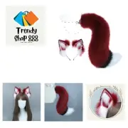 Fox Wolf Cat Ears and Tail Set Wine Red Furry Ears Headband with Tail for Cos...
