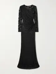 [Self-Portrait] Self-Portrait - Lace-trimmed Crystal-embellished Jersey Gown - Black - UK 16 UK 16 Black