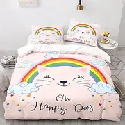 Eveone Rainbow Duvet Cover Single/Double/Queen/King Size Bed Sheets Pillowcase Set Lovely Cute Kid Child boy Girl Cartoon Romantic Simple Sweet Dream Pink Bedding 2/3/4PCS (Single-140 * 210cm-3pcs,8)