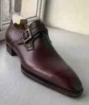 Handmade Men's Maroon Cowhide Leather Stylish Single Monk Strap Shoes For Men