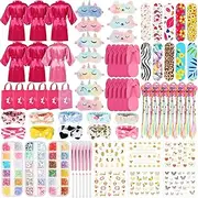 Suhine 6 Sets Girls Spa Birthady Party Supplies Birthday Print Satin Robe Tote Bags Spa Kit Nail Salon Kit, Rose Red Series, M