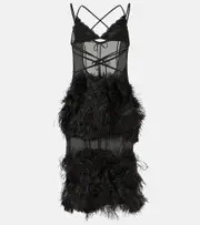 [The Attico] The Attico Sheer feather-trimmed midi dress AU 10 black