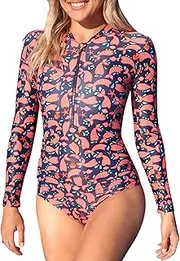 [Tame the Sun] Long Sleeve Swimsuit for Women, Rash Guard UV Protection, One Piece Zipper Bathing Suit