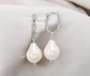925 Sterling Silver Polished Teardrop Freshwater Cultured Pearl Hoop Earrings