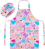 MHJY Kids Apron and Chef Hat Set, Child Aprons for Cooking Baking Painting Cute Toddler Girls Apron with Pockets 3-12 Years
